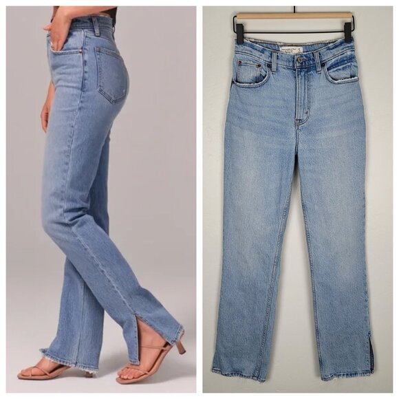 Abercrombie & Fitch Size 25S The 90s Straight Ultra High Rise Jeans Side Slits - Picture 1 of 13